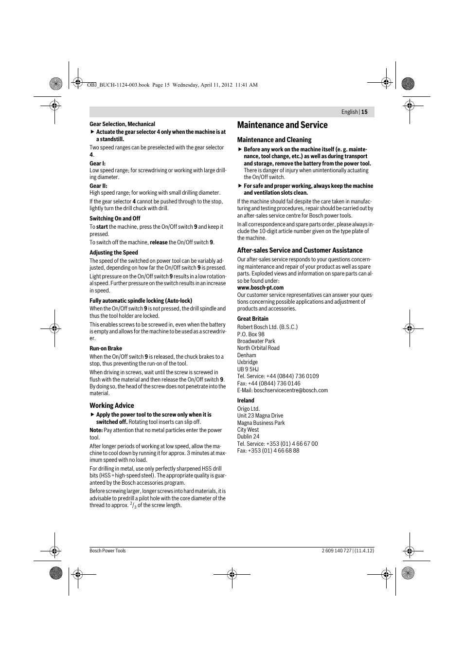 Maintenance and service | Bosch GSB 12-2 Professional User Manual | Page 15 / 157