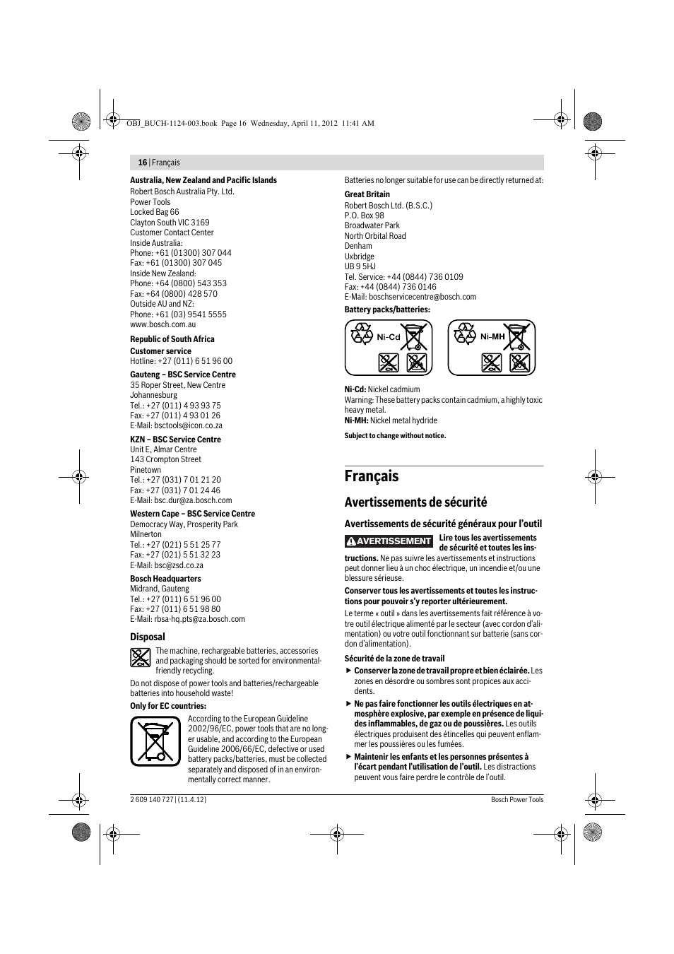 Français, Avertissements de sécurité | Bosch GSB 12-2 Professional User Manual | Page 16 / 157