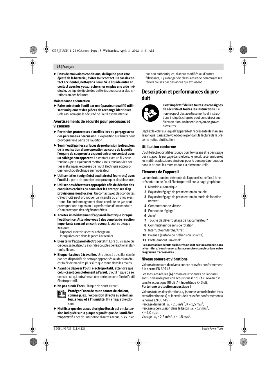 Description et performances du pro- duit | Bosch GSB 12-2 Professional User Manual | Page 18 / 157