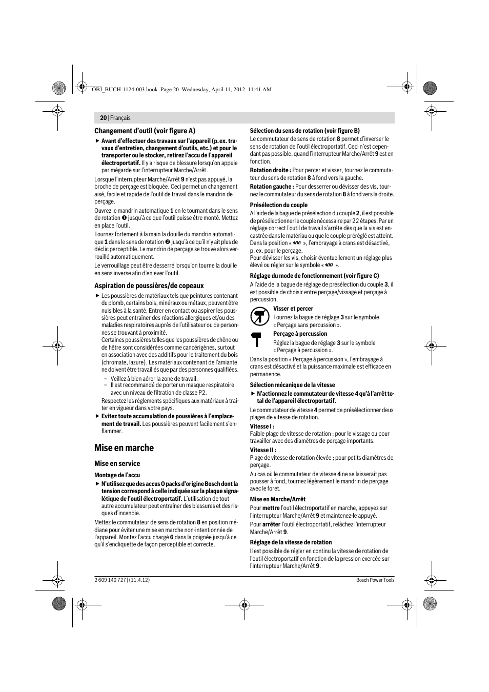 Mise en marche | Bosch GSB 12-2 Professional User Manual | Page 20 / 157