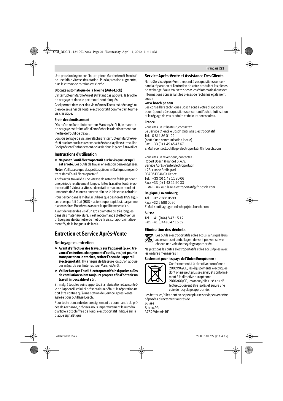 Entretien et service après-vente | Bosch GSB 12-2 Professional User Manual | Page 21 / 157