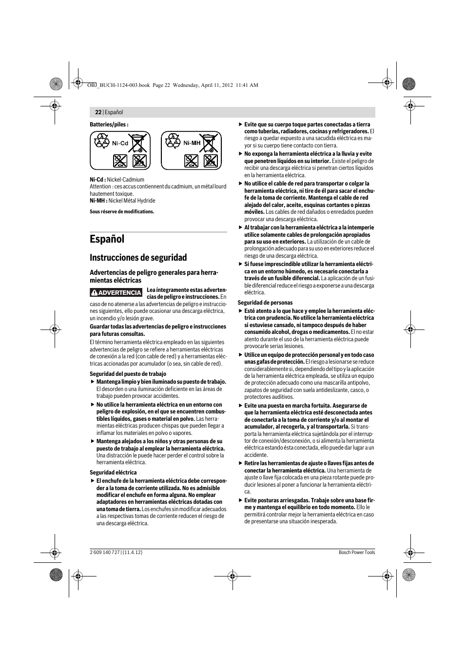 Español, Instrucciones de seguridad | Bosch GSB 12-2 Professional User Manual | Page 22 / 157