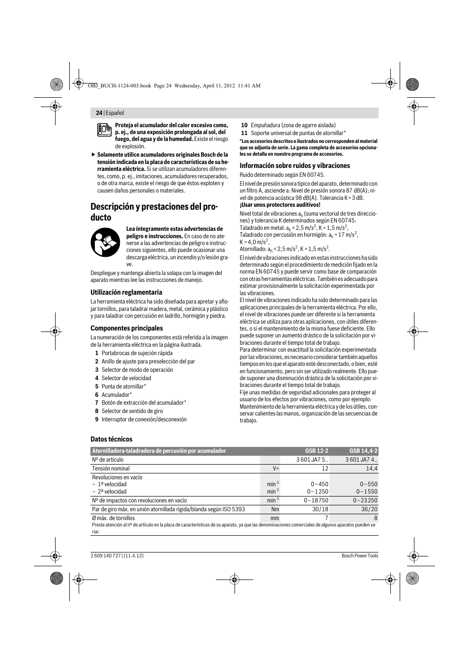 Descripción y prestaciones del pro- ducto | Bosch GSB 12-2 Professional User Manual | Page 24 / 157