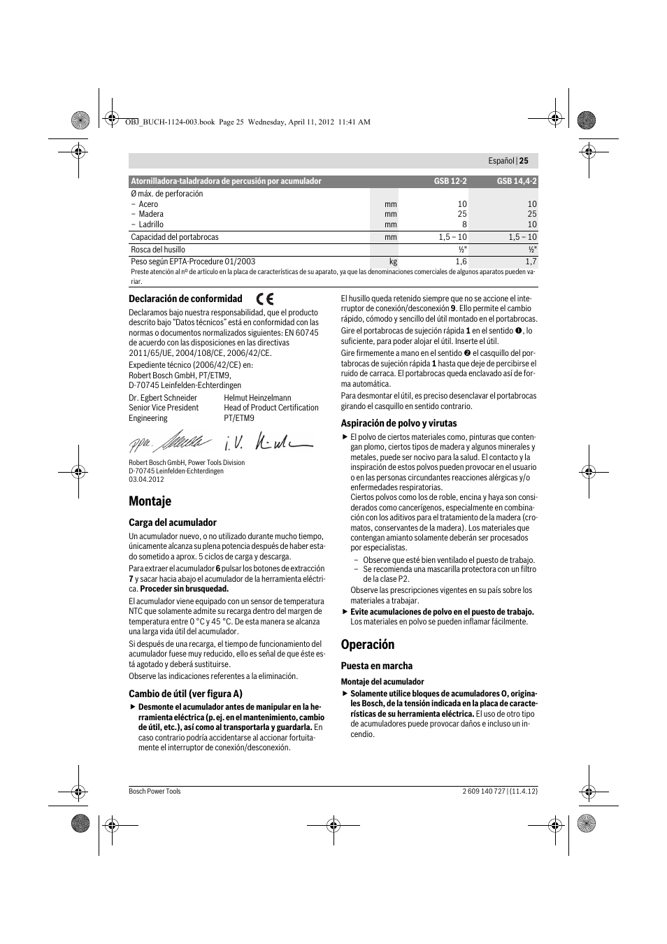 Montaje, Operación | Bosch GSB 12-2 Professional User Manual | Page 25 / 157