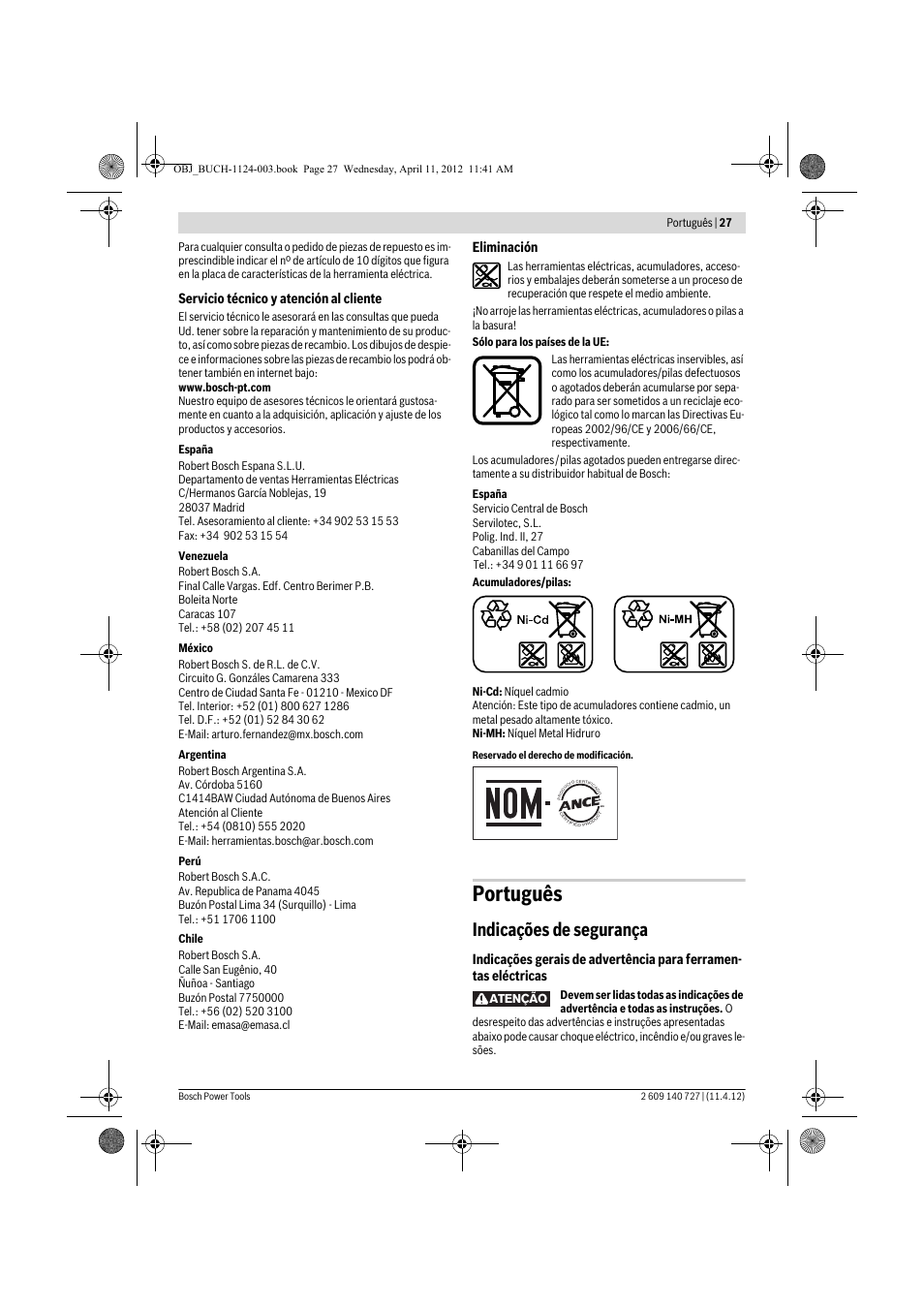 Português, Indicações de segurança | Bosch GSB 12-2 Professional User Manual | Page 27 / 157