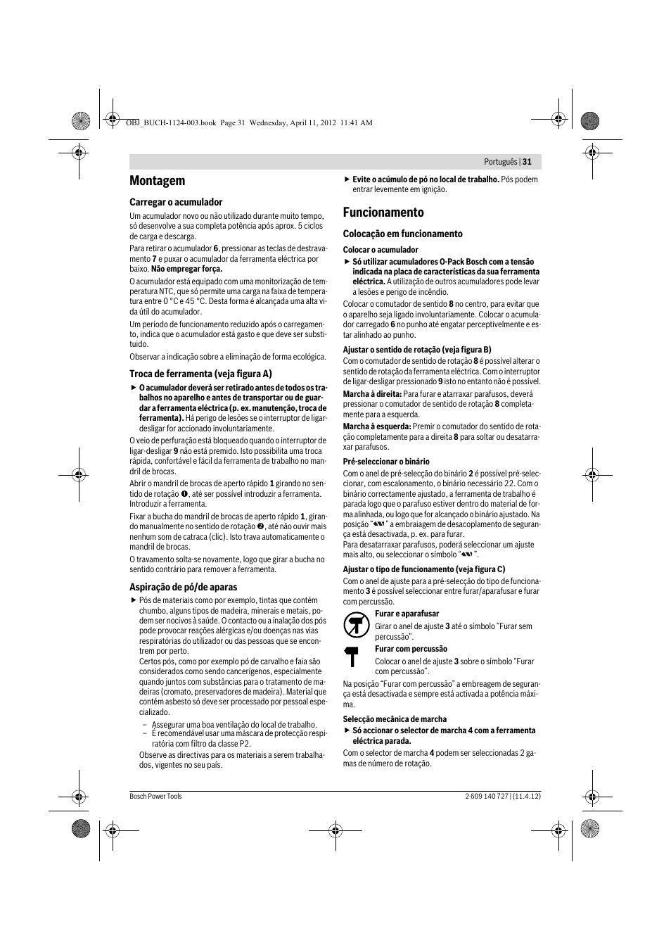 Montagem, Funcionamento | Bosch GSB 12-2 Professional User Manual | Page 31 / 157