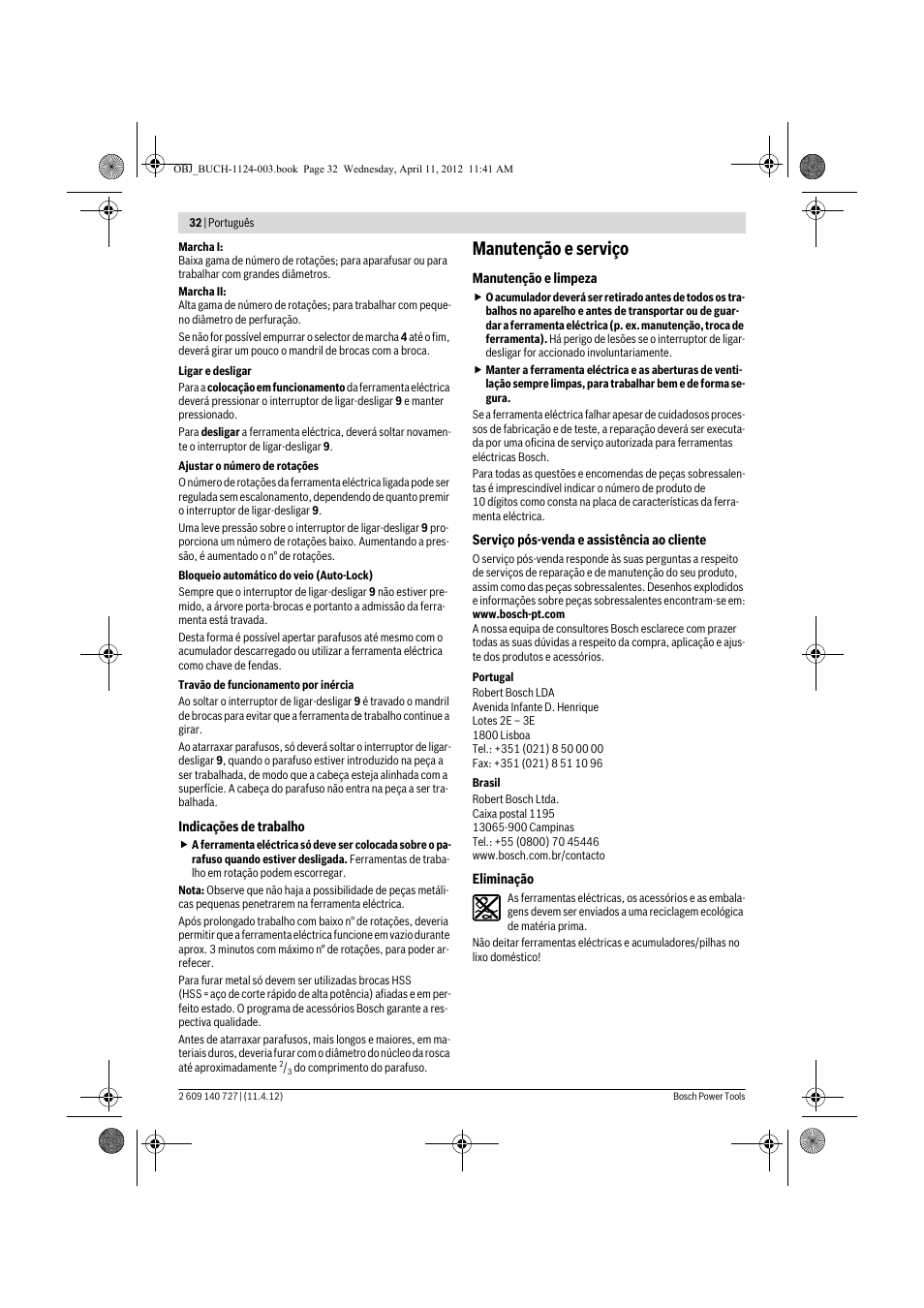 Manutenção e serviço | Bosch GSB 12-2 Professional User Manual | Page 32 / 157