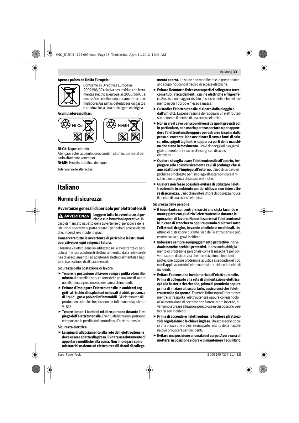 Italiano, Norme di sicurezza | Bosch GSB 12-2 Professional User Manual | Page 33 / 157