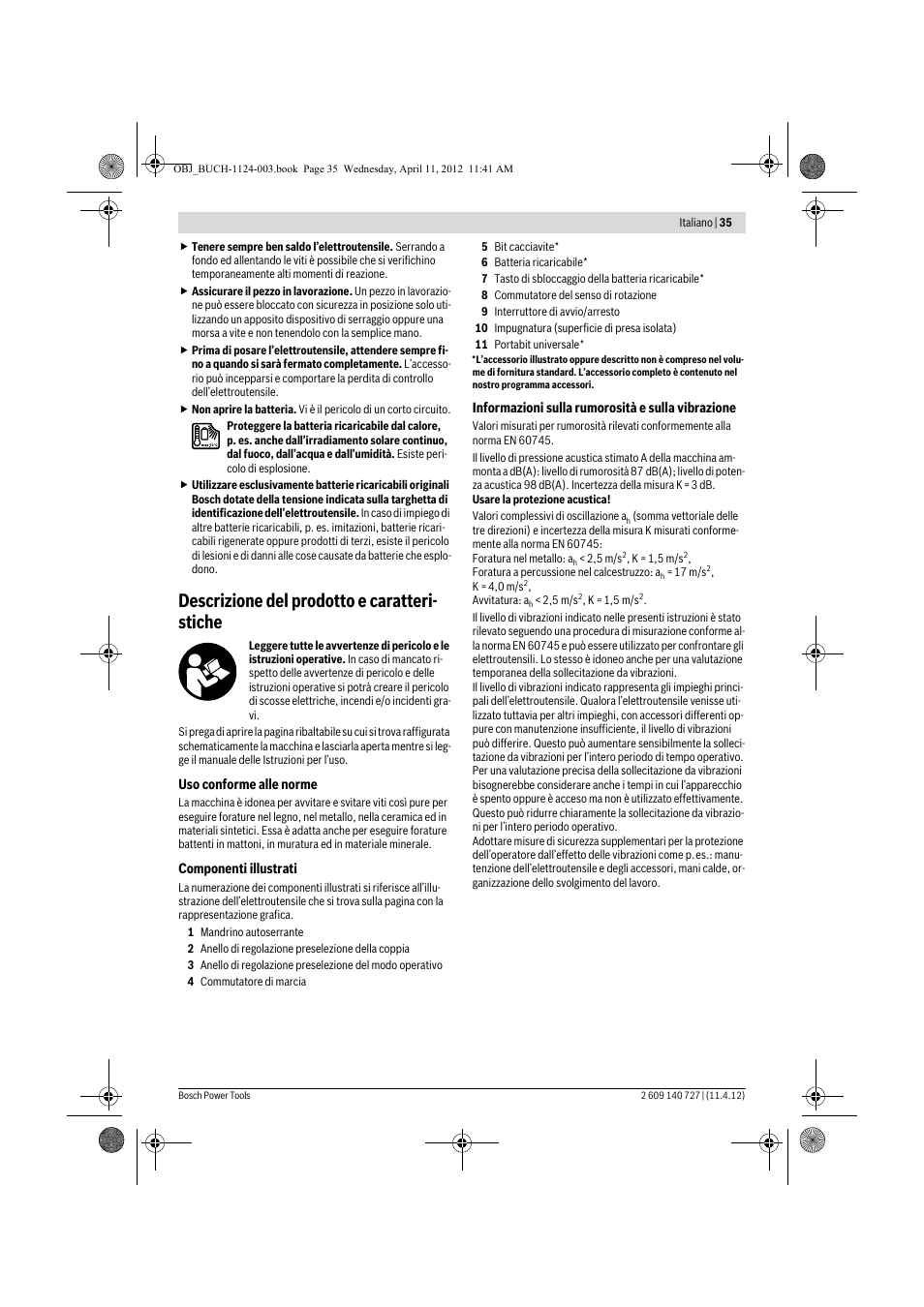 Descrizione del prodotto e caratteri- stiche | Bosch GSB 12-2 Professional User Manual | Page 35 / 157