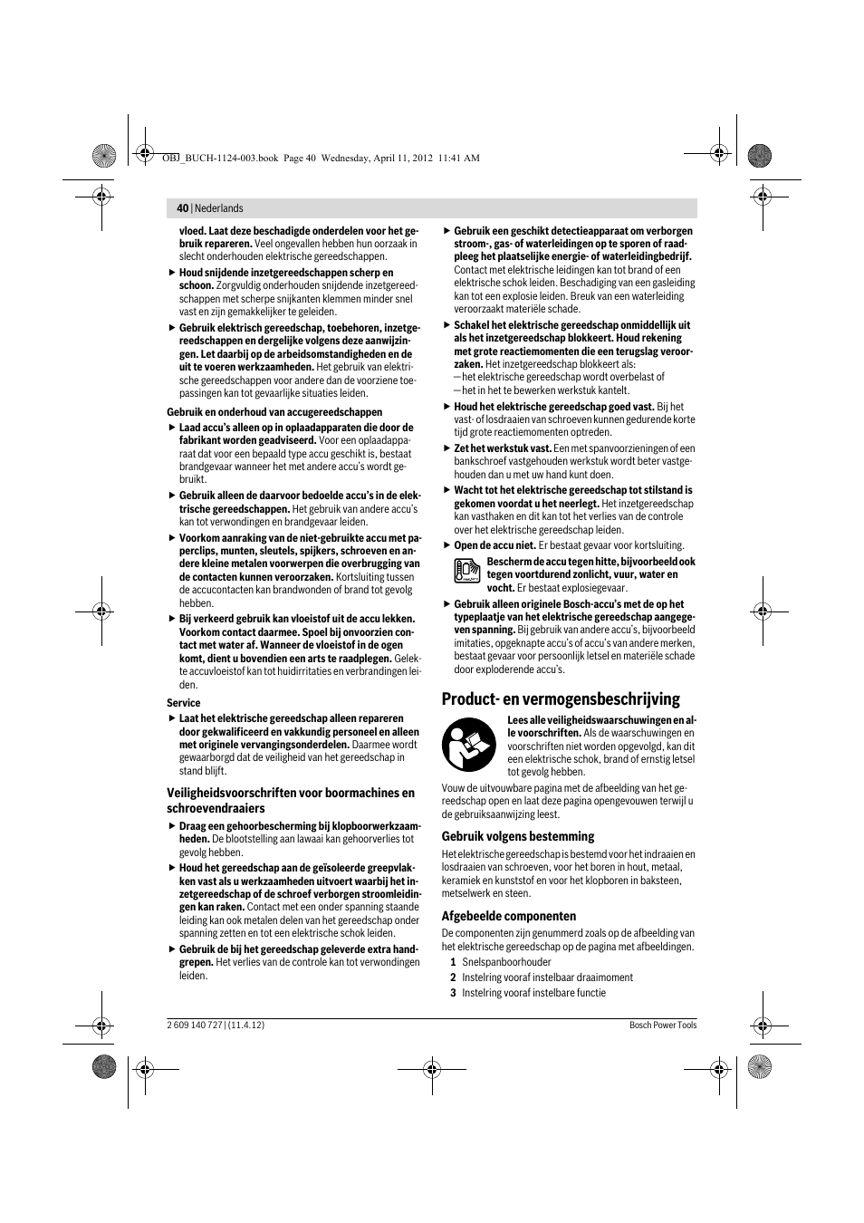 Product- en vermogensbeschrijving | Bosch GSB 12-2 Professional User Manual | Page 40 / 157