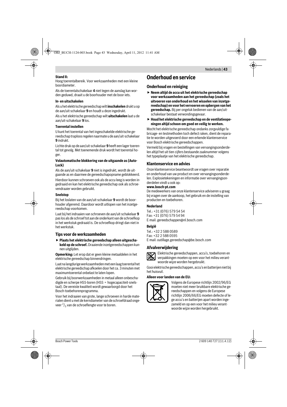 Onderhoud en service | Bosch GSB 12-2 Professional User Manual | Page 43 / 157