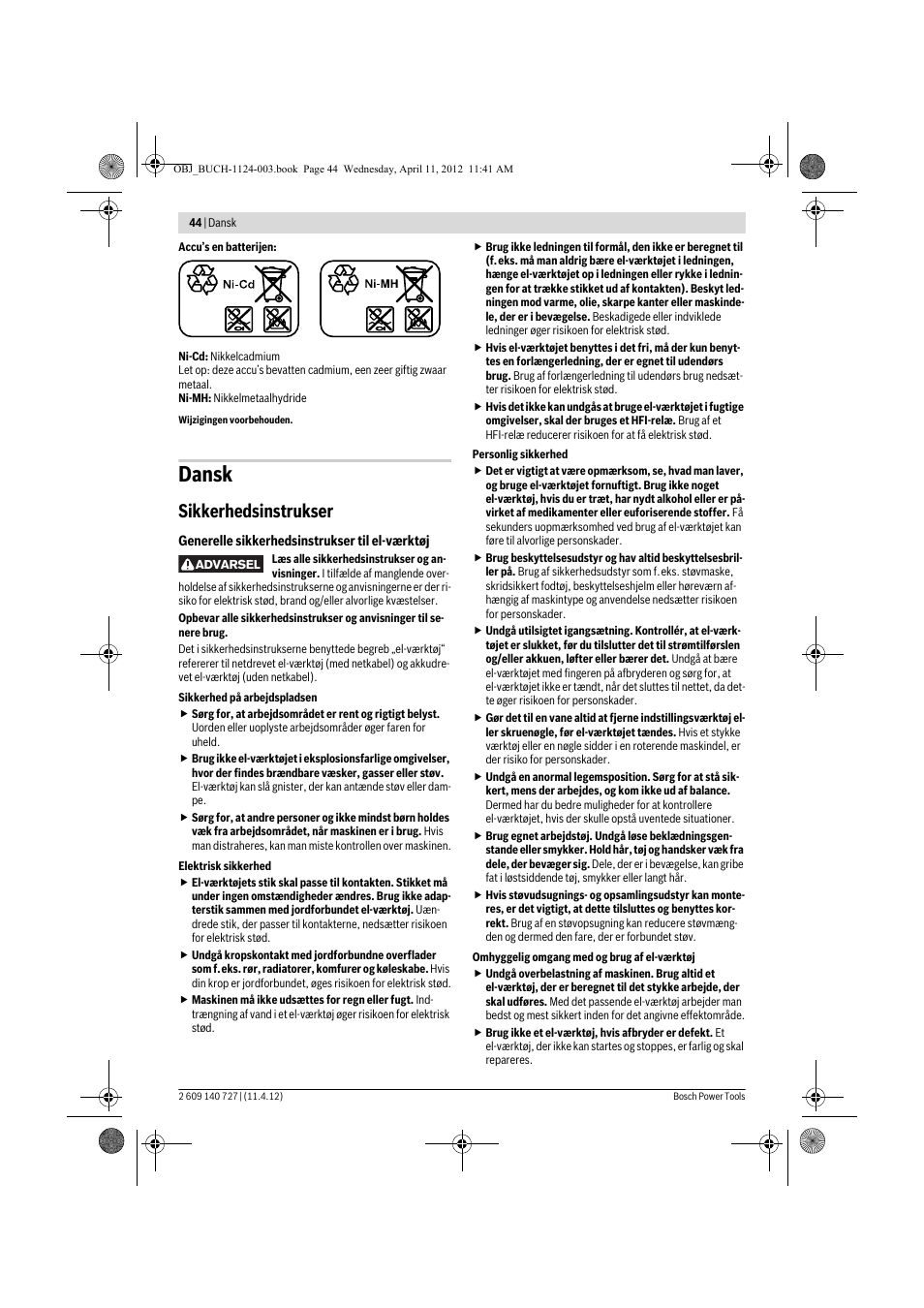 Dansk, Sikkerhedsinstrukser | Bosch GSB 12-2 Professional User Manual | Page 44 / 157