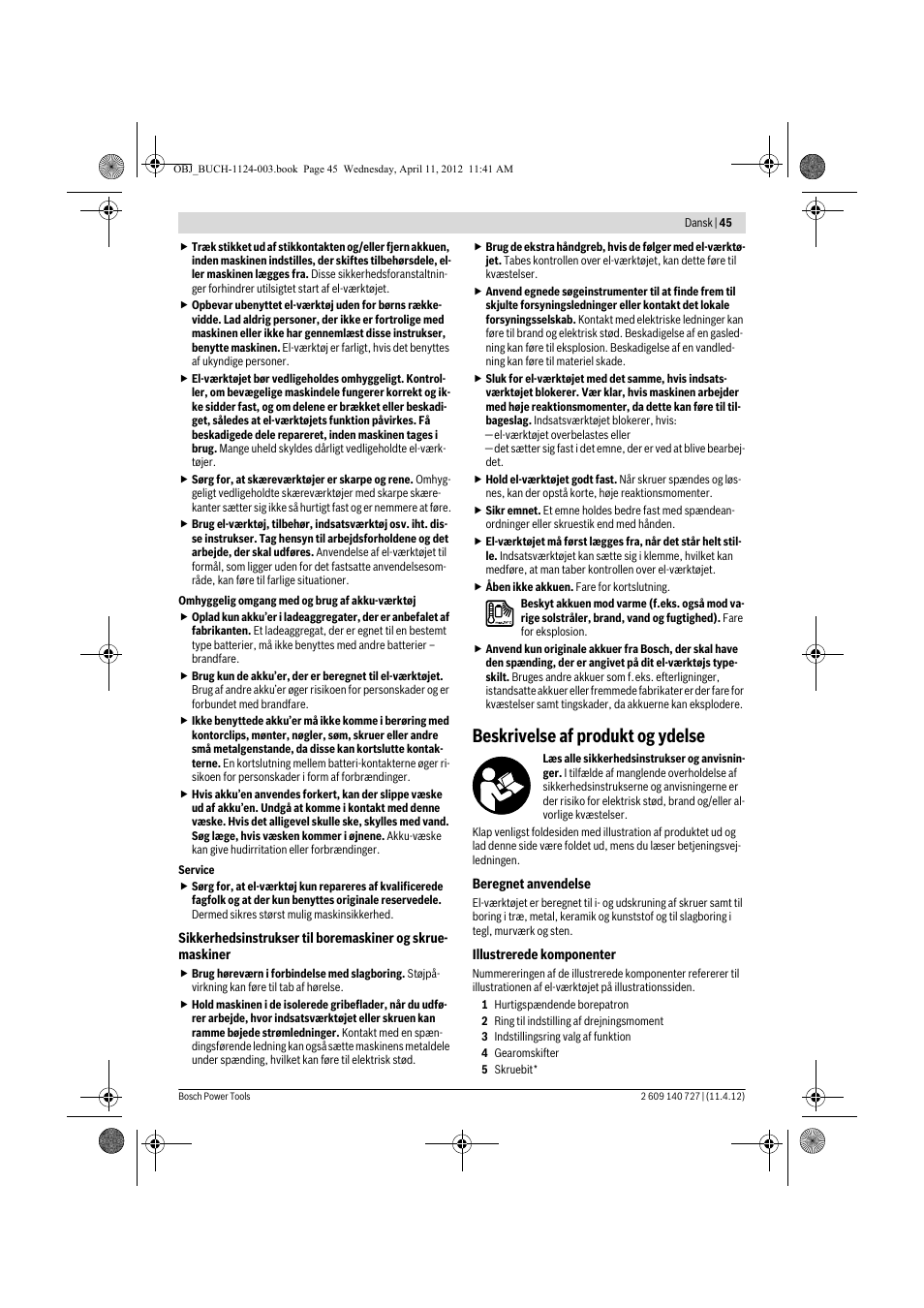 Beskrivelse af produkt og ydelse | Bosch GSB 12-2 Professional User Manual | Page 45 / 157