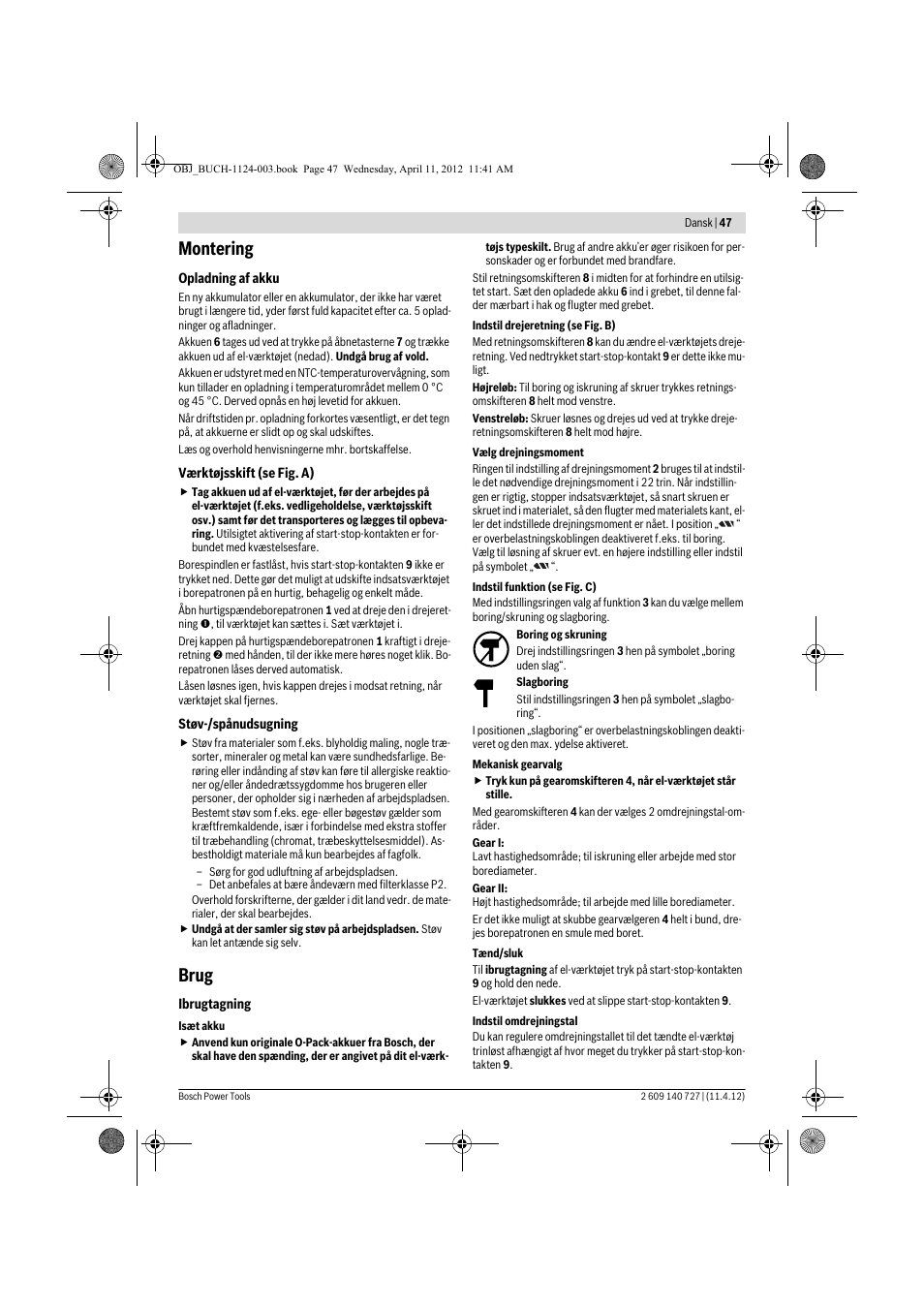 Montering, Brug | Bosch GSB 12-2 Professional User Manual | Page 47 / 157