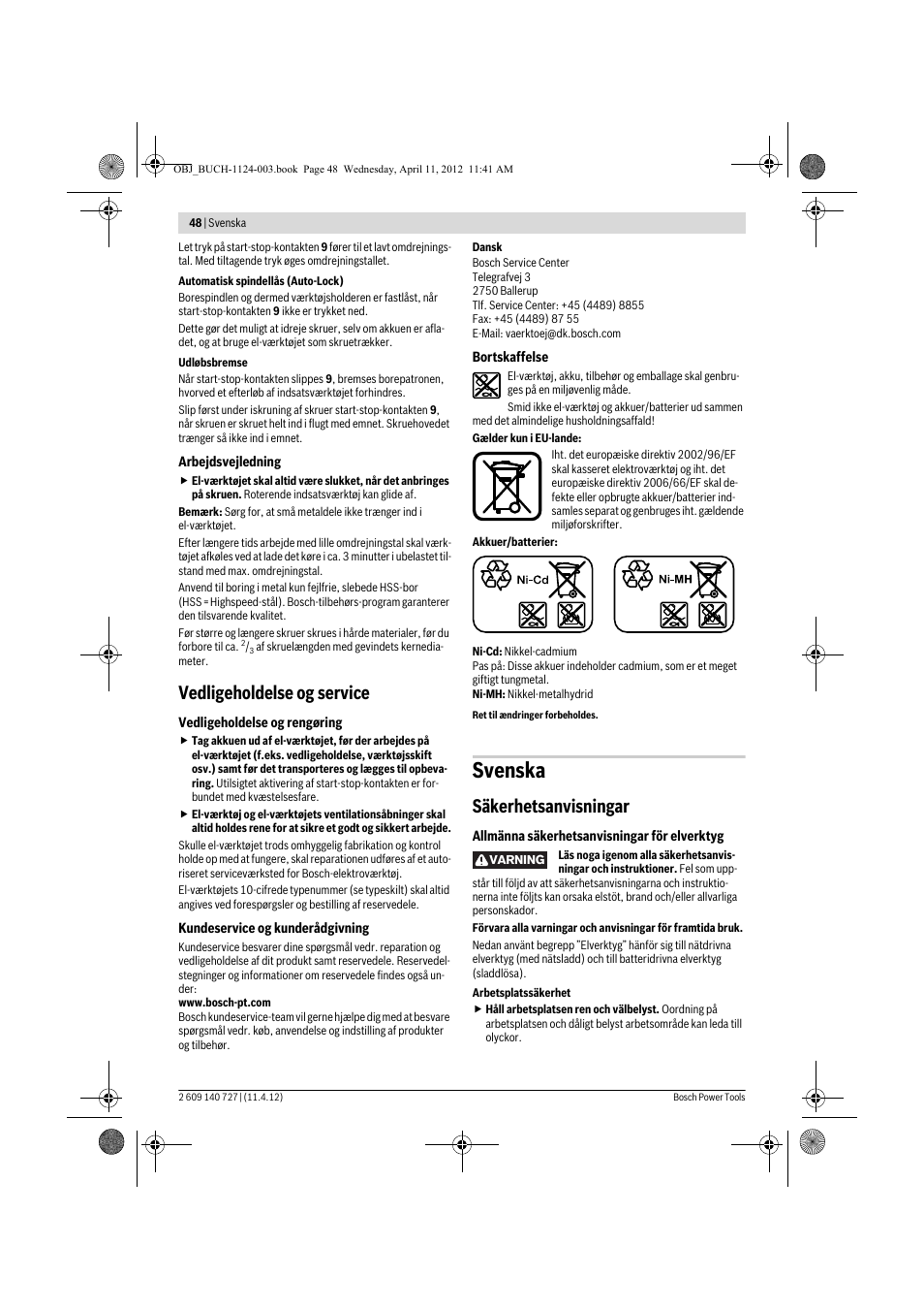 Svenska, Vedligeholdelse og service, Säkerhetsanvisningar | Bosch GSB 12-2 Professional User Manual | Page 48 / 157