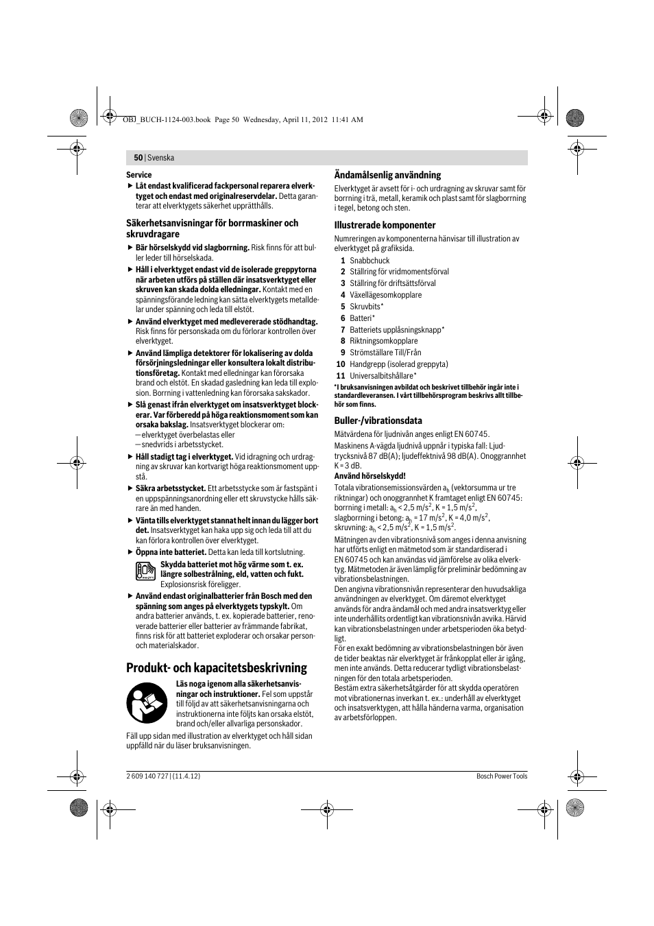 Produkt- och kapacitetsbeskrivning | Bosch GSB 12-2 Professional User Manual | Page 50 / 157