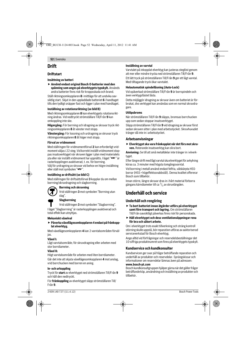 Drift, Underhåll och service | Bosch GSB 12-2 Professional User Manual | Page 52 / 157