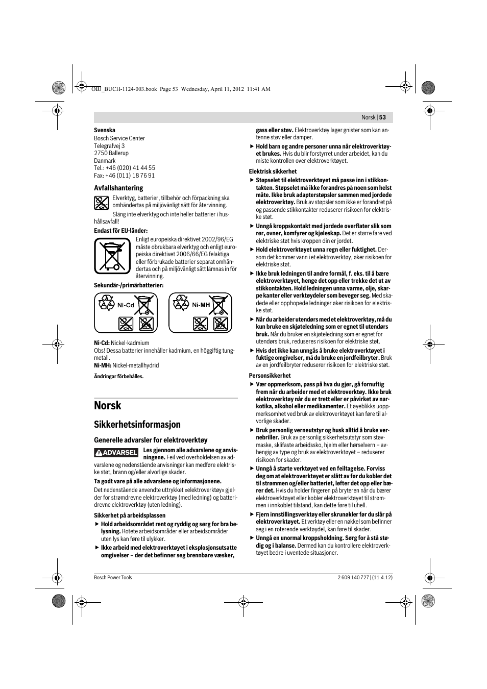 Norsk, Sikkerhetsinformasjon | Bosch GSB 12-2 Professional User Manual | Page 53 / 157