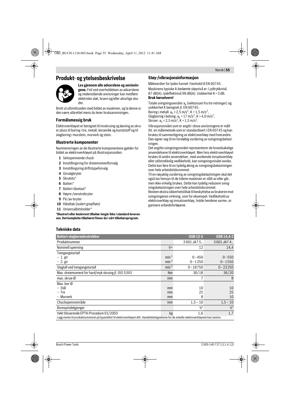 Produkt- og ytelsesbeskrivelse | Bosch GSB 12-2 Professional User Manual | Page 55 / 157