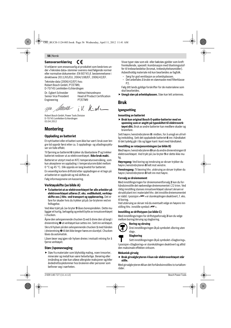 Montering, Bruk | Bosch GSB 12-2 Professional User Manual | Page 56 / 157