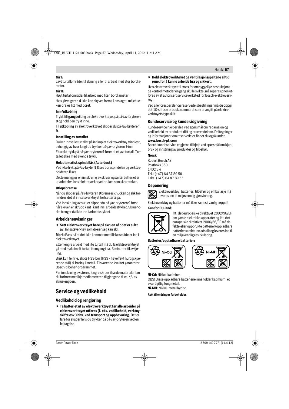 Service og vedlikehold | Bosch GSB 12-2 Professional User Manual | Page 57 / 157