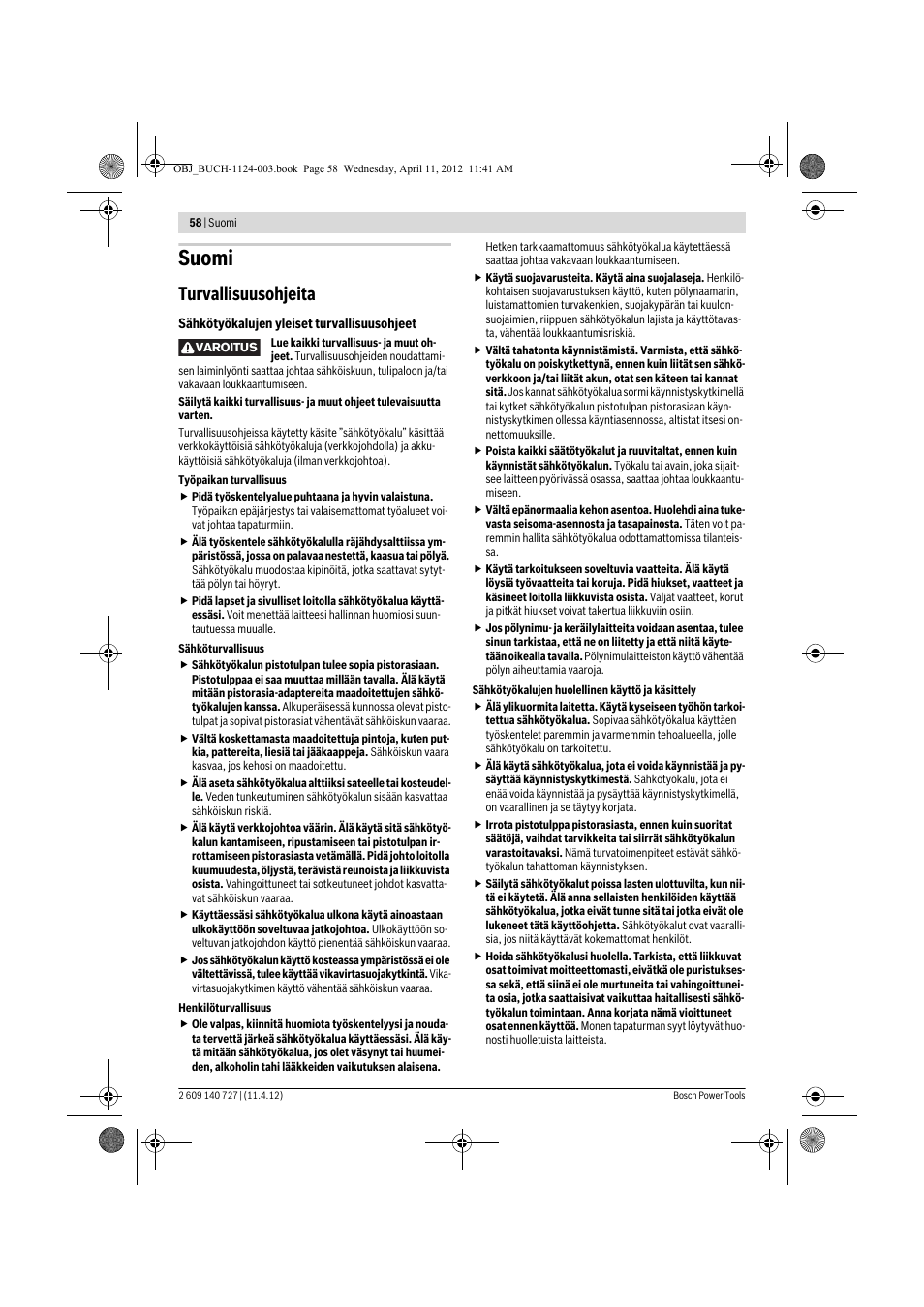 Suomi, Turvallisuusohjeita | Bosch GSB 12-2 Professional User Manual | Page 58 / 157