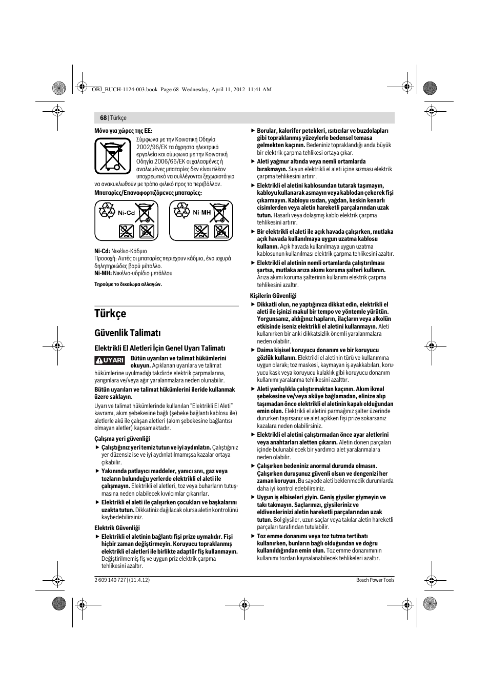 Türkçe, Güvenlik talimat | Bosch GSB 12-2 Professional User Manual | Page 68 / 157