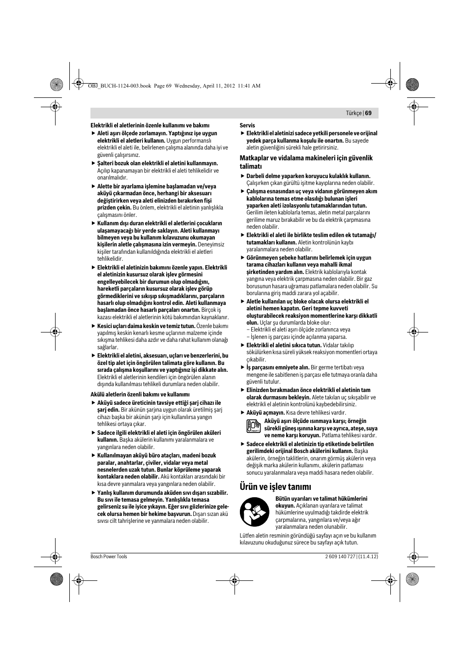 Ürün ve işlev tan m | Bosch GSB 12-2 Professional User Manual | Page 69 / 157