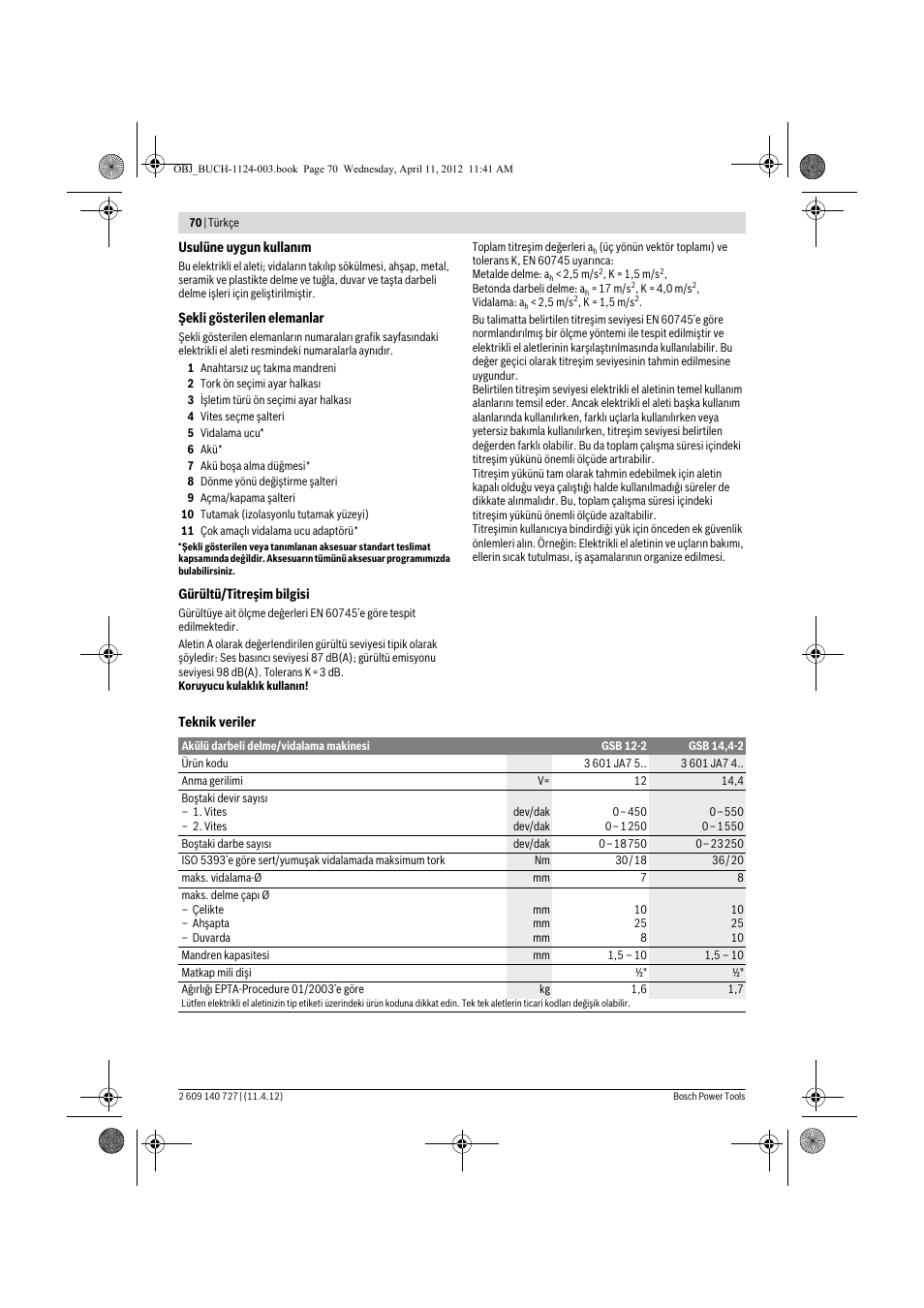 Bosch GSB 12-2 Professional User Manual | Page 70 / 157