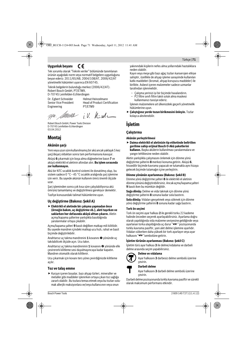 Montaj, Işletim | Bosch GSB 12-2 Professional User Manual | Page 71 / 157