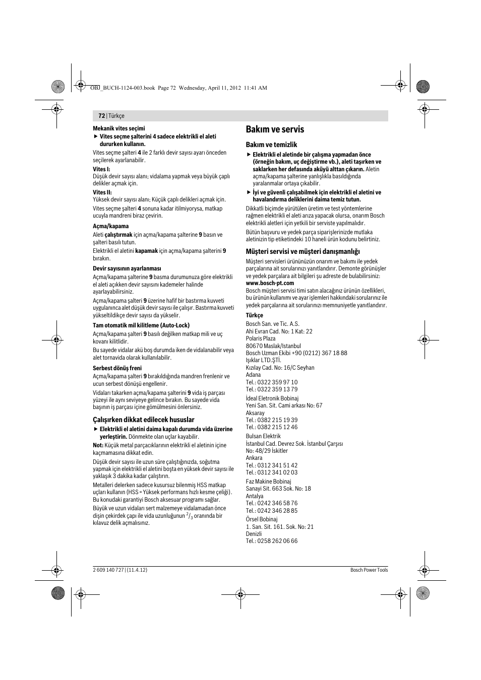 Bak m ve servis | Bosch GSB 12-2 Professional User Manual | Page 72 / 157