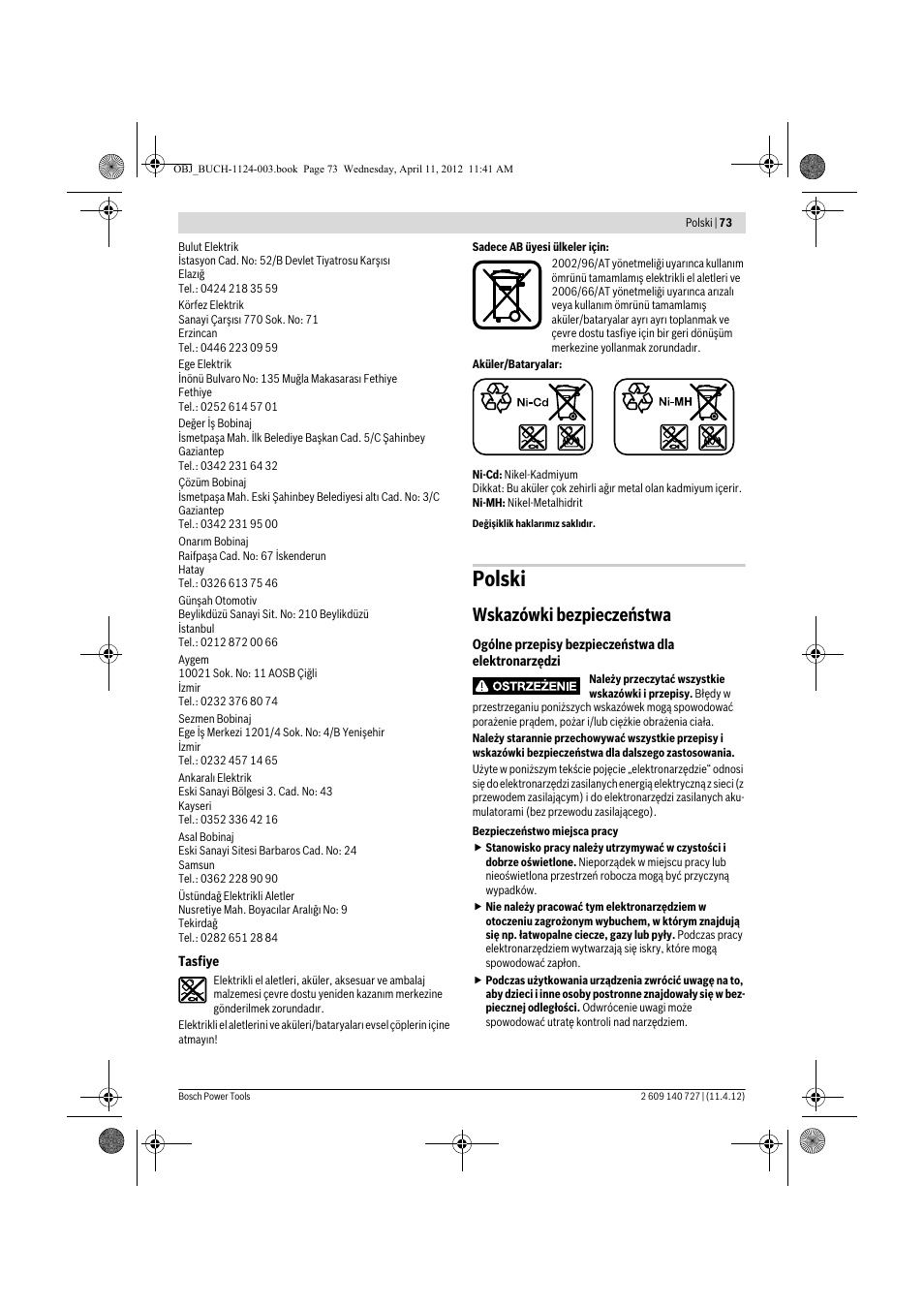 Polski, Wskazówki bezpieczeństwa | Bosch GSB 12-2 Professional User Manual | Page 73 / 157