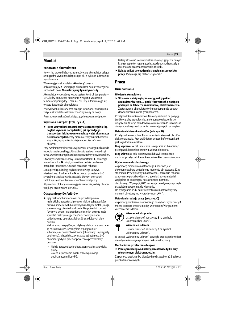 Montaż, Praca | Bosch GSB 12-2 Professional User Manual | Page 77 / 157