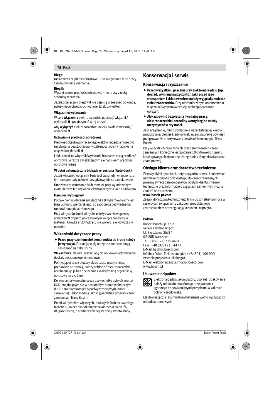 Konserwacja i serwis | Bosch GSB 12-2 Professional User Manual | Page 78 / 157