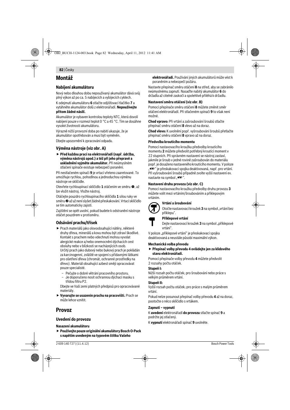 Montáž, Provoz | Bosch GSB 12-2 Professional User Manual | Page 82 / 157