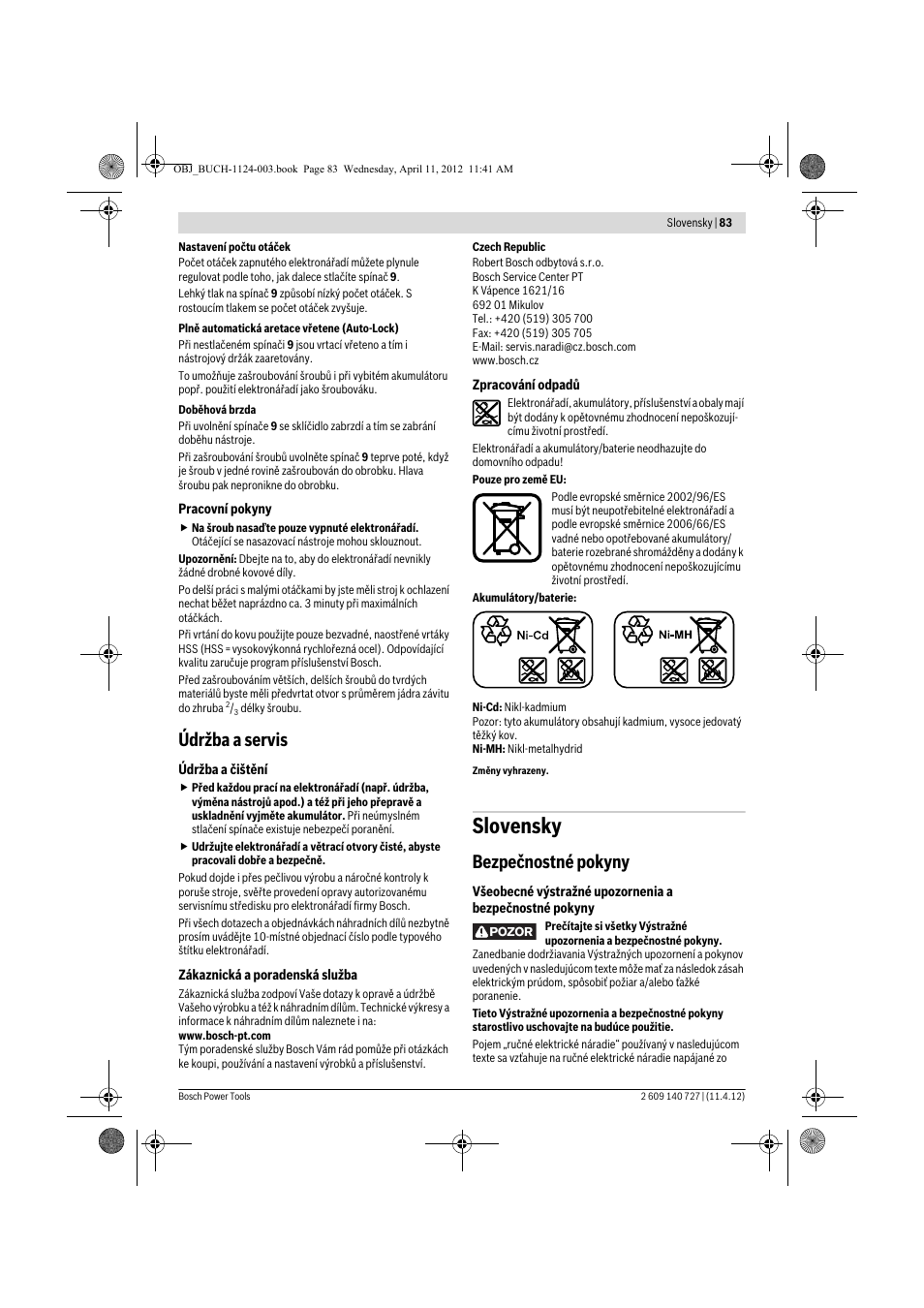 Slovensky, Údržba a servis, Bezpečnostné pokyny | Bosch GSB 12-2 Professional User Manual | Page 83 / 157