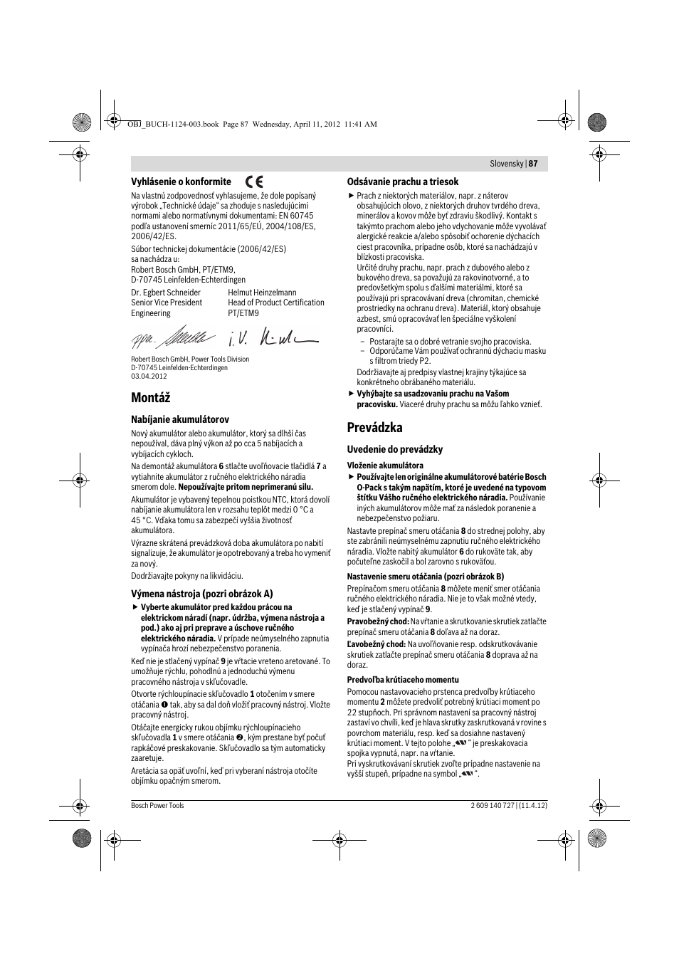 Montáž, Prevádzka | Bosch GSB 12-2 Professional User Manual | Page 87 / 157