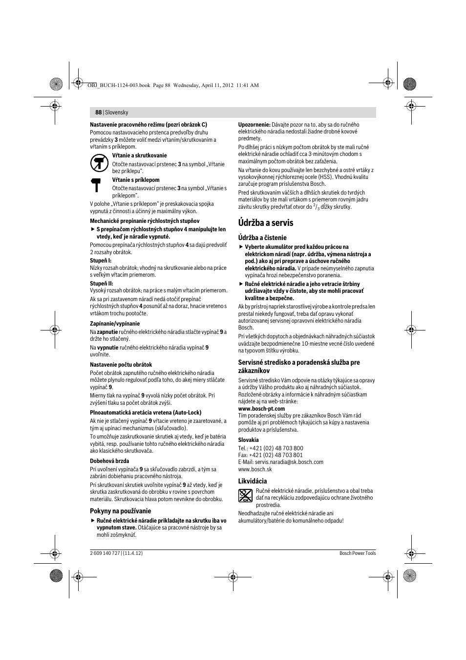 Údržba a servis | Bosch GSB 12-2 Professional User Manual | Page 88 / 157