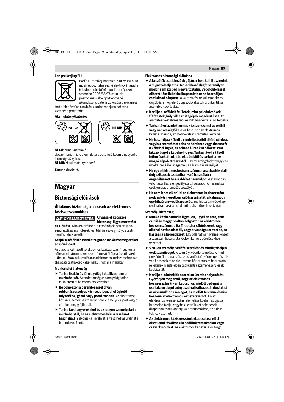 Magyar, Biztonsági előírások | Bosch GSB 12-2 Professional User Manual | Page 89 / 157