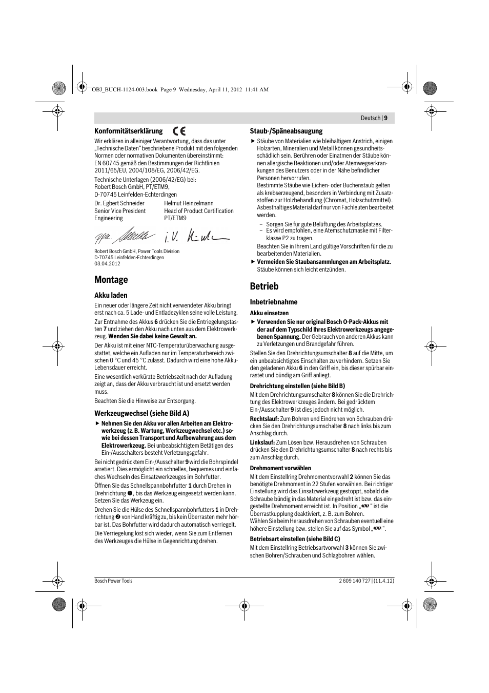 Montage, Betrieb | Bosch GSB 12-2 Professional User Manual | Page 9 / 157