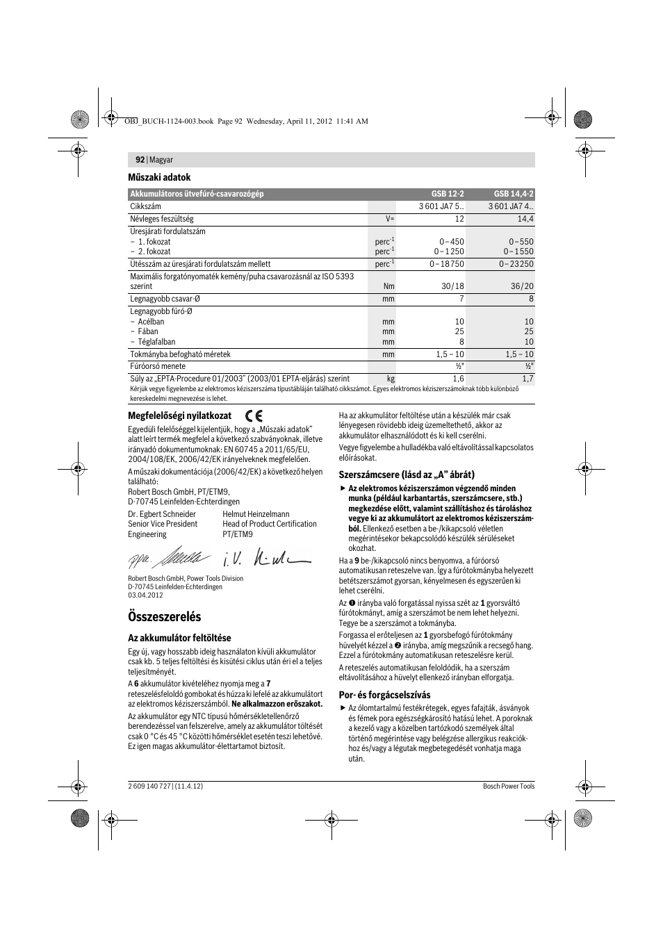 Összeszerelés | Bosch GSB 12-2 Professional User Manual | Page 92 / 157