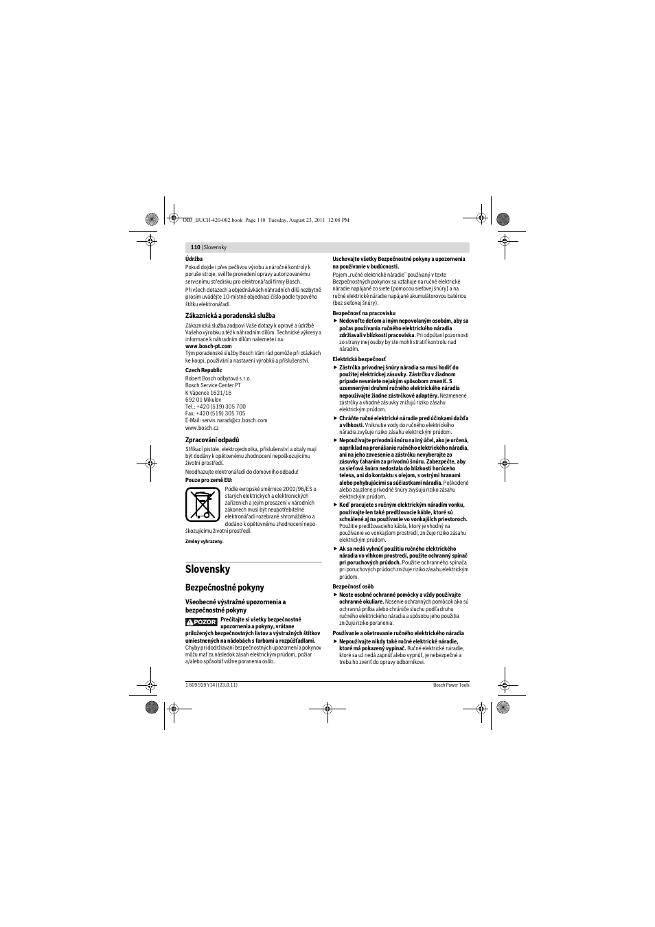 Slovensky, Bezpečnostné pokyny | Bosch PFS 105 E User Manual | Page 110 / 193