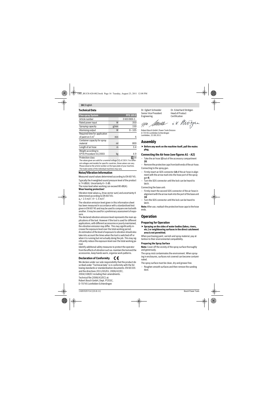 Assembly, Operation | Bosch PFS 105 E User Manual | Page 16 / 193