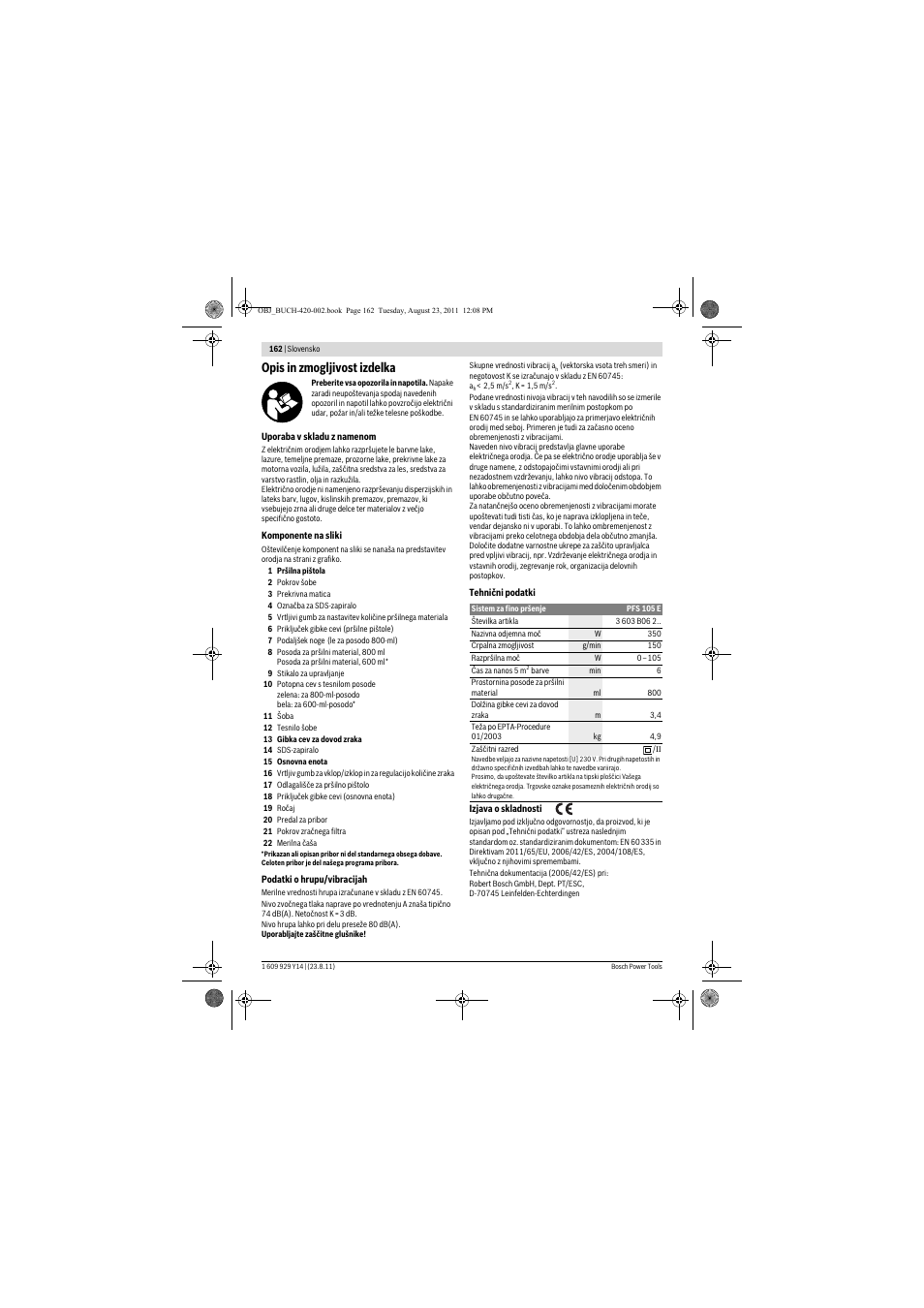 Opis in zmogljivost izdelka | Bosch PFS 105 E User Manual | Page 162 / 193