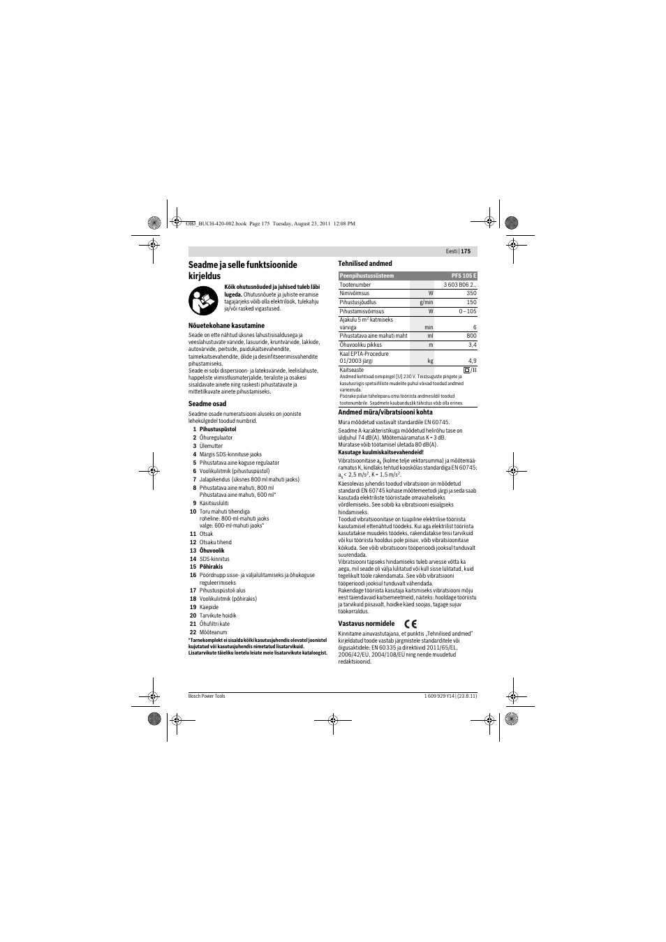 Seadme ja selle funktsioonide kirjeldus | Bosch PFS 105 E User Manual | Page 175 / 193