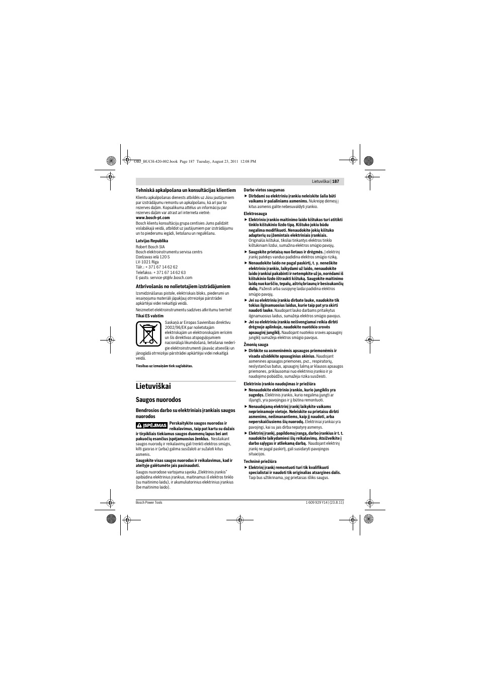 Lietuviškai, Saugos nuorodos | Bosch PFS 105 E User Manual | Page 187 / 193