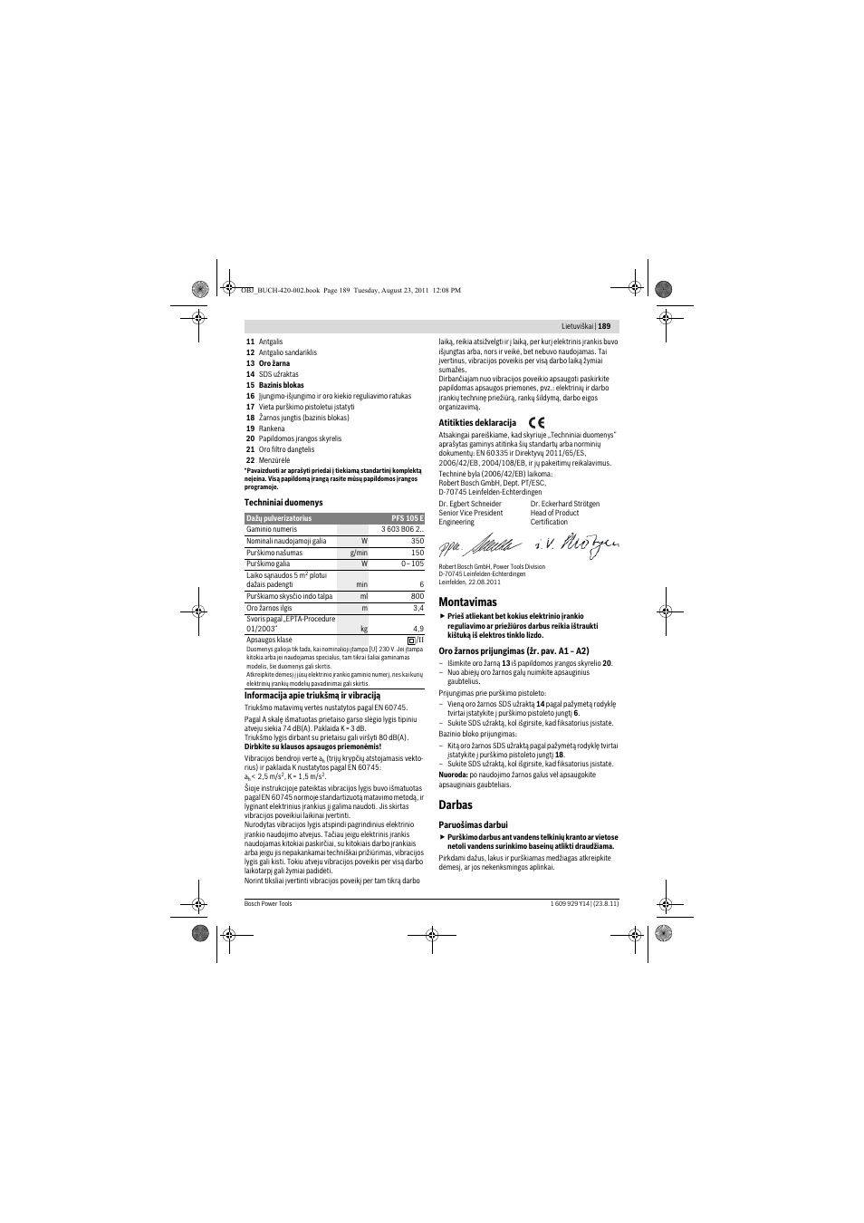 Montavimas, Darbas | Bosch PFS 105 E User Manual | Page 189 / 193