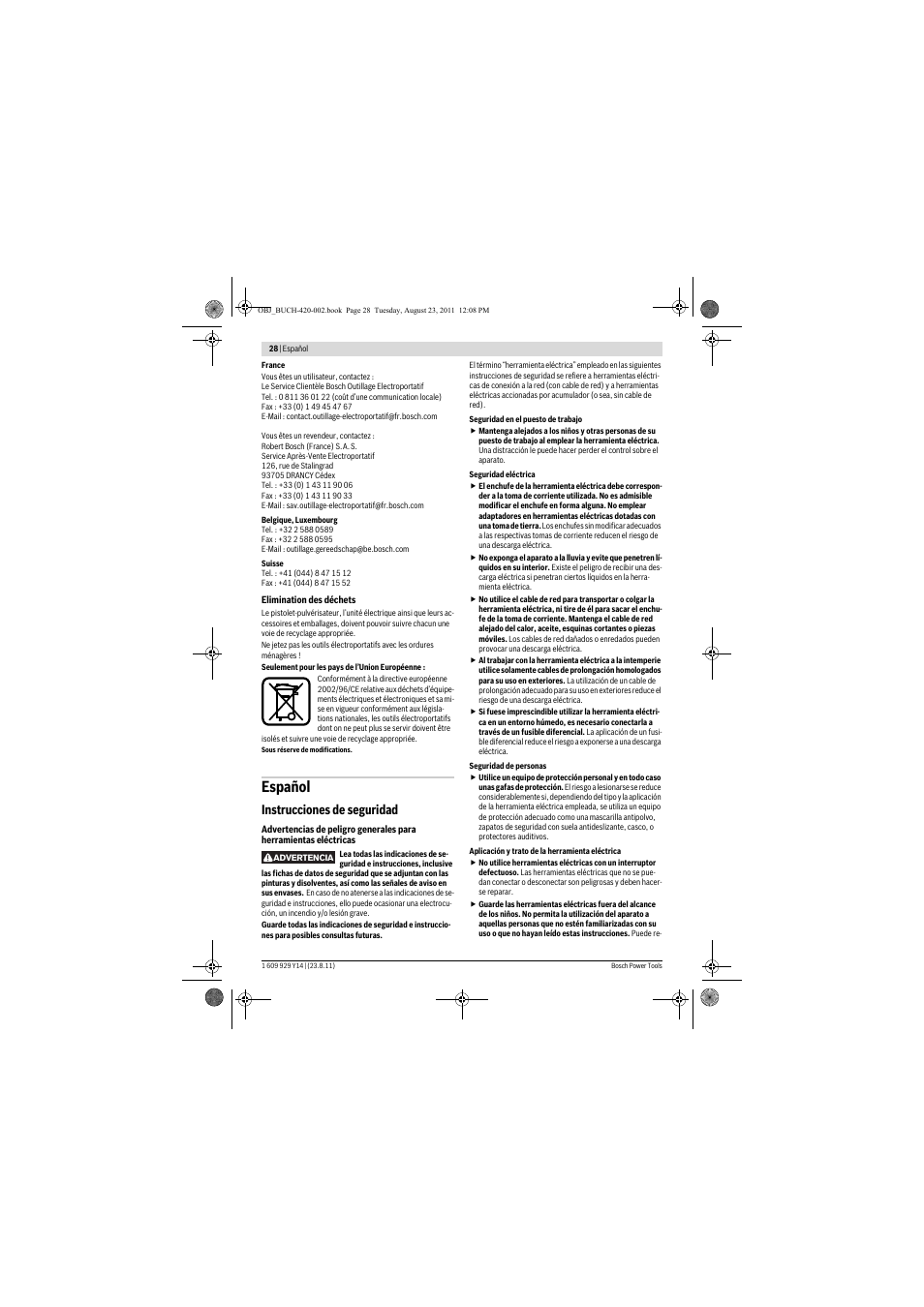 Español, Instrucciones de seguridad | Bosch PFS 105 E User Manual | Page 28 / 193