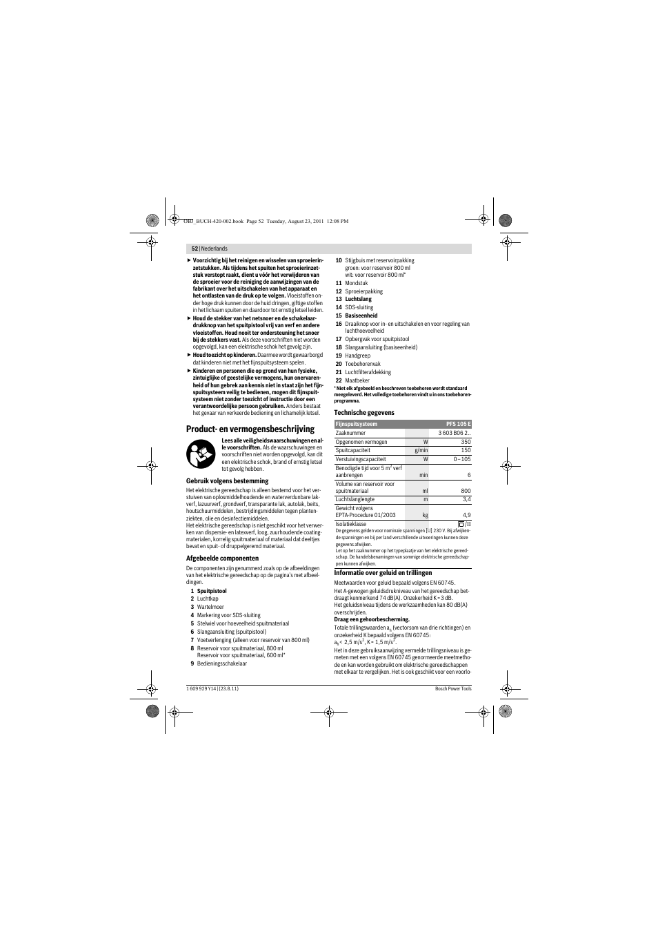 Product- en vermogensbeschrijving | Bosch PFS 105 E User Manual | Page 52 / 193