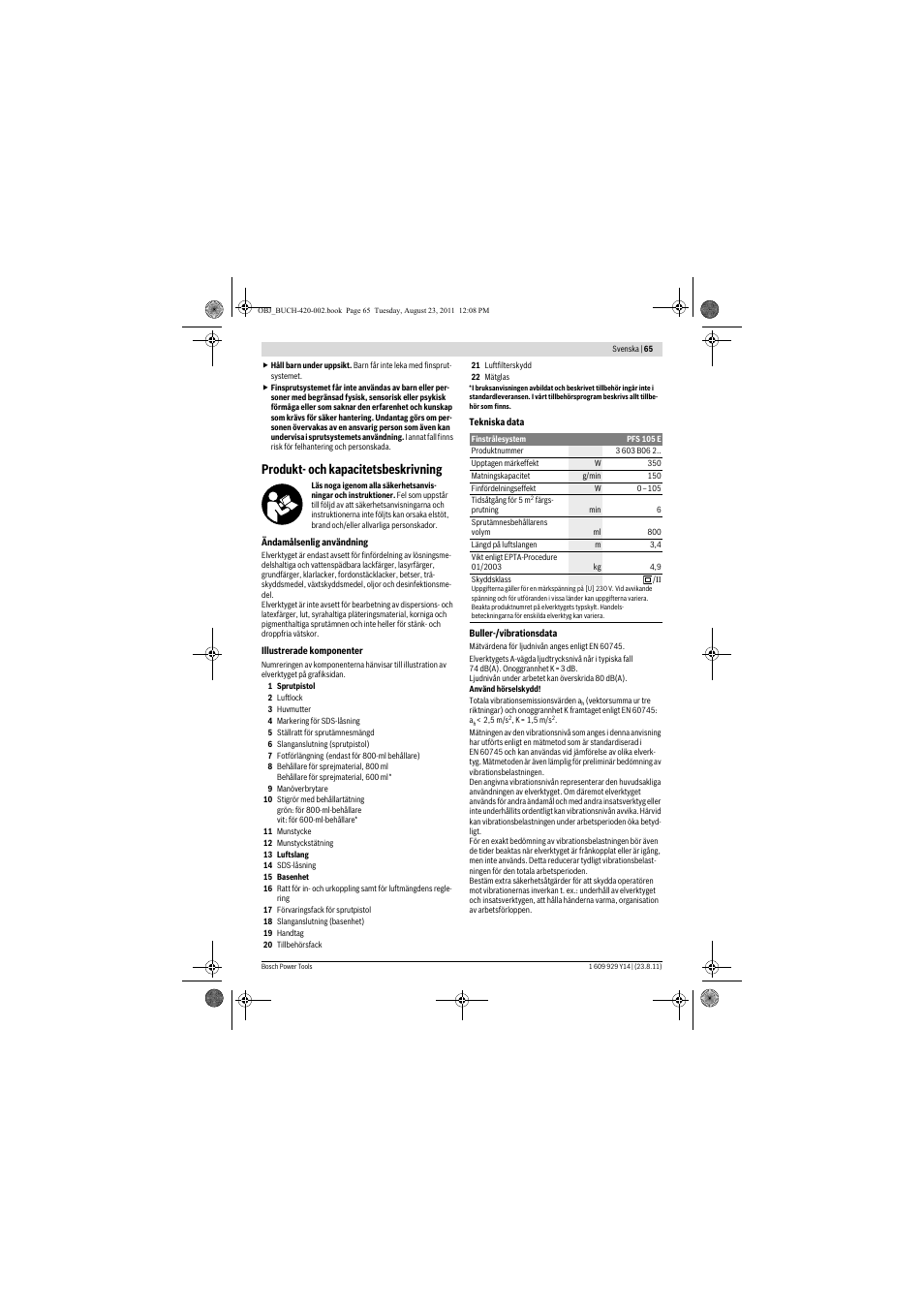 Produkt- och kapacitetsbeskrivning | Bosch PFS 105 E User Manual | Page 65 / 193